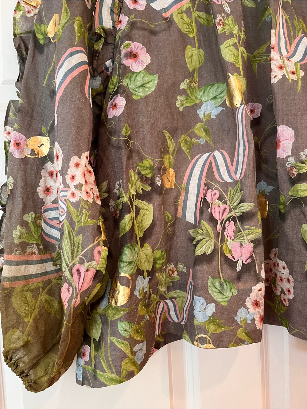 NWOT Cynthia Rowley Designer Dawn Blouse Large Floral Ruffle Gold Foil ~$345 - Picture 9 of 15